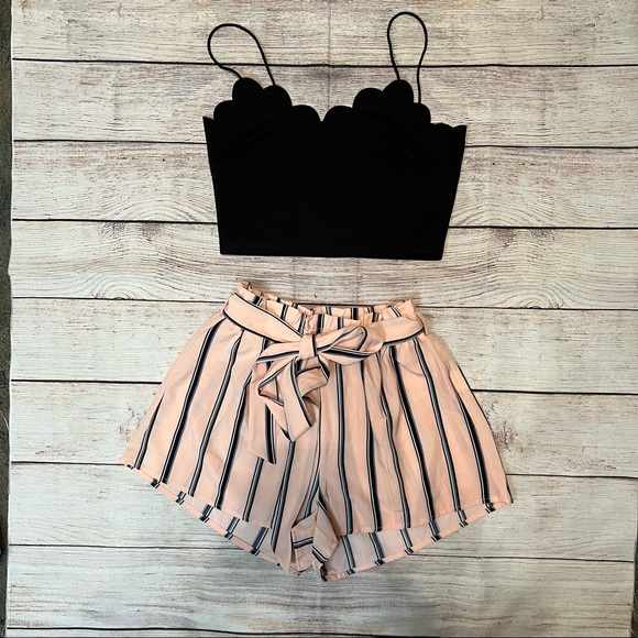 Black and Peach Short Set Stripes Crop top